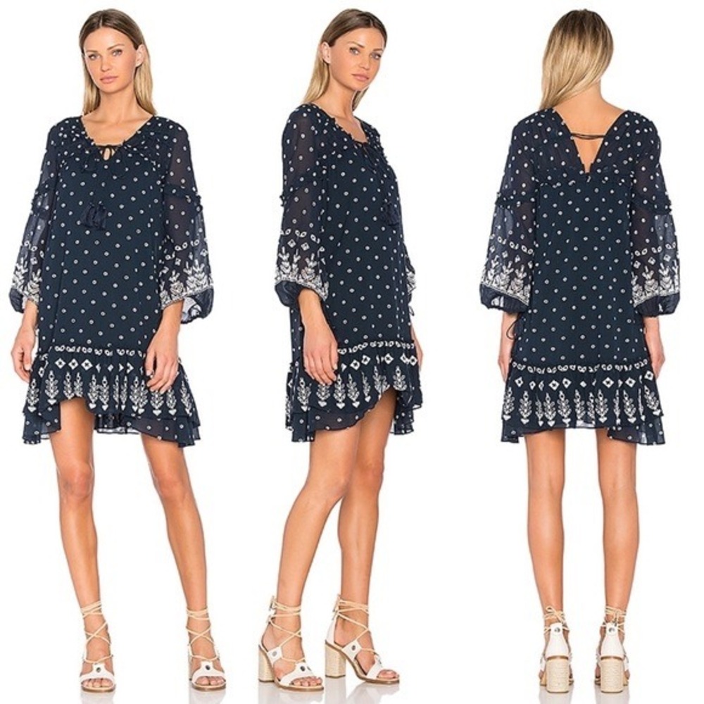 Derek Lam 10 Crosby Embroidered Boho Mini Dress Navy White Cotton 2